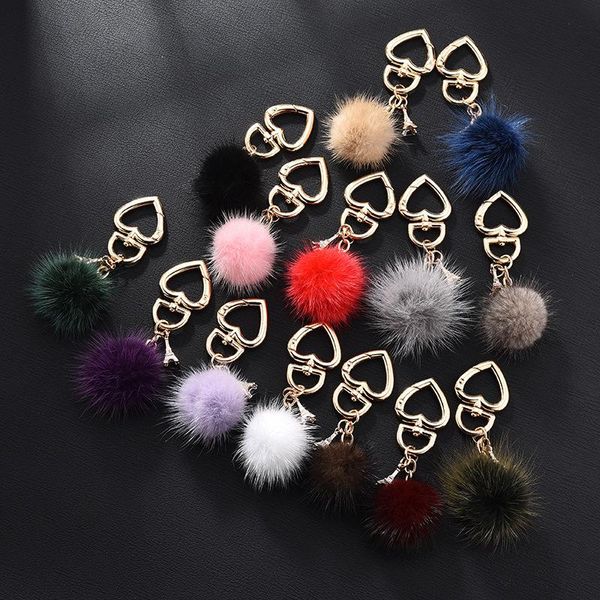 New Действительно норковый Болл сердце Key Chain Fur Очарование автомобиля Брелок Любовь Плюшевые подвеска брелок партия подарков ювелирных изделий Keyring 15 цветов