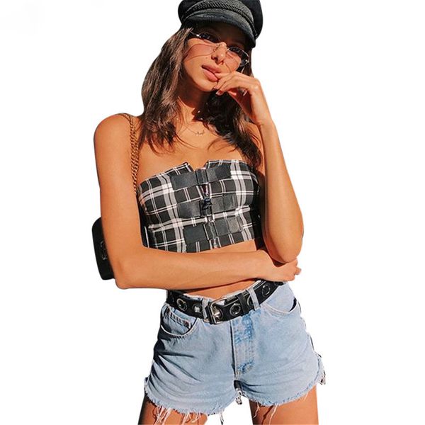 

дама топы танк топы новый прибыла классический короткий плед sexy рукавов без бретелек вскользь brandy melville пряжки женщин адреса, White