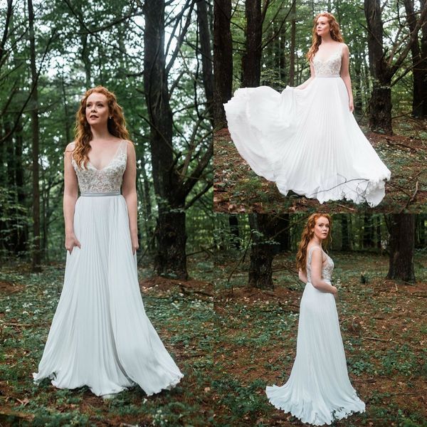 

country wedding dresses v neck lace bodice a line sweep train sleeveless bohemia wedding dress custom sequins plus size bridal gowns, White