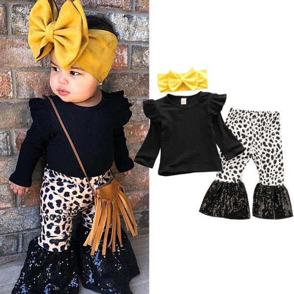 

fall autumn 3pcs toddler kids baby girl black clothes ruffle flared sequin pants spring set outfits, White