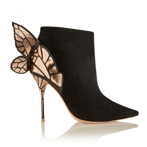 

autumn butterfly women boots black suede and leather pointed toe ankle boots high heels booties back foot metallic wings boots
