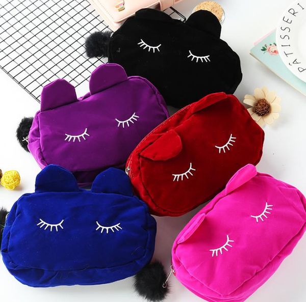 

portable cartoon cat makeup storage cosmetic flannel plush bag multi-function pen pouch home storage housekeeping colorful