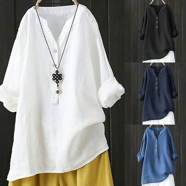 

women solid stand collar long sleeve t-shirt casual loose button simple design and very elegant down #20, White
