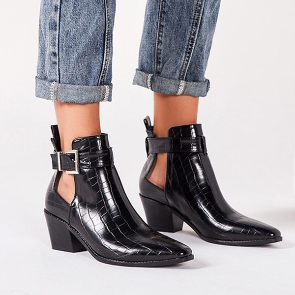 

women's fashion autumn winter boots vintage solid color short boots shoes woman pointed high-heeled belt buckle strap booties, Black