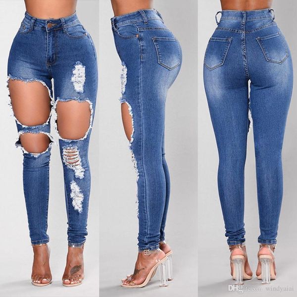 

long jeans women high waist skinny pencil blue denim pants ripped hole jeans women bleached washed jeans summer fashion