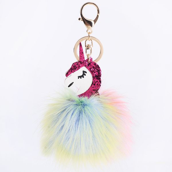 

keyrings keychain faux fur ball pendant cartoon unicorn car key chains holders for girls lady fashion alloy women bag charm key ring jewelry, Slivery;golden