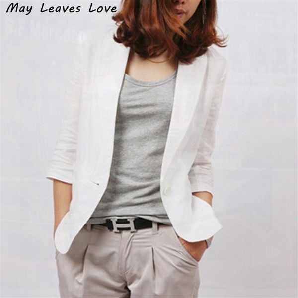 

май листья любовь 2017 весна лето хлопок льняные женщины блейзеры твердая тонкий три четверти рукава blazer белый и синий lr0072, White;black