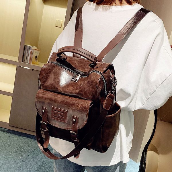 

retro pu backpack women 2019 new korean trend fashion men's outdoor backpack tooling student large capacity school bag solid