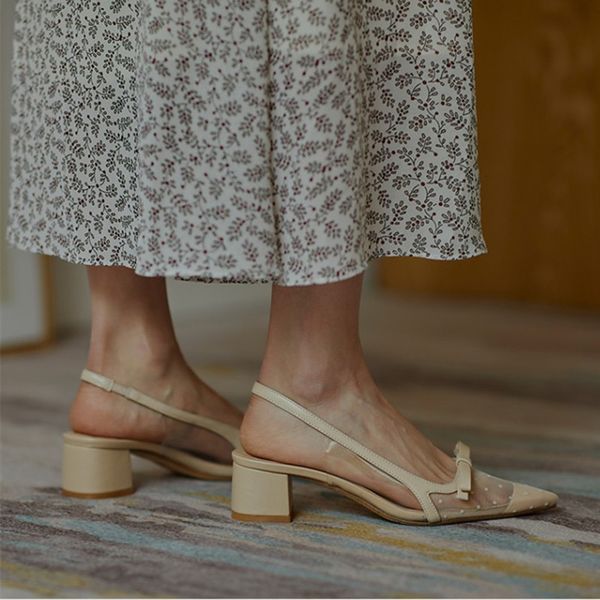 

sandals elegant nude black mesh pumps block heel summer round toe slingbacks