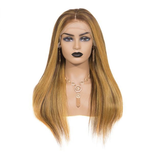

sevengirls 13*6 deep part lace front human hair wig straight highlight pre plucked hair line bleached knots brazilian remy, Black;brown