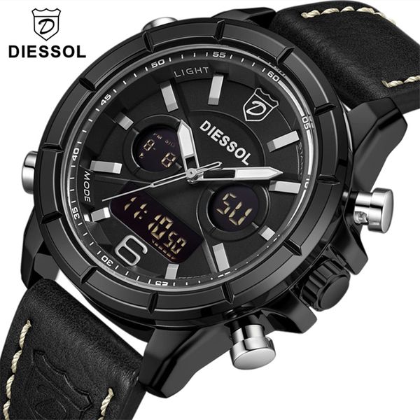 

mens watches diessol to men leather sports watches men's quartz led digital clock waterproof wrist watch, Slivery;brown