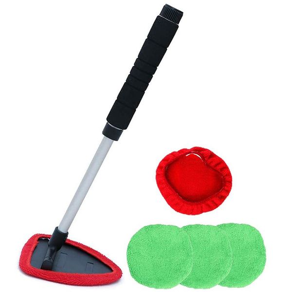 

windshield window cleaner tool, extendable long-reach handle, 5 washable reusable bonnets