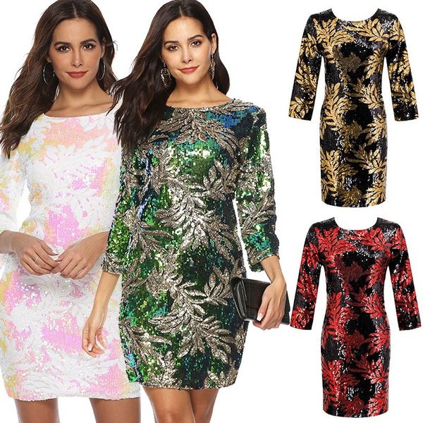

Women Sequined Bodycon Dress 3/4 Sleeves O Neck Evening Party Casual Mini Dress