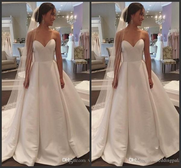 

2019 new charming sweetheart neck a-line wedding dresses court train lace up back satin bridal wedding gowns vestido de novia, White
