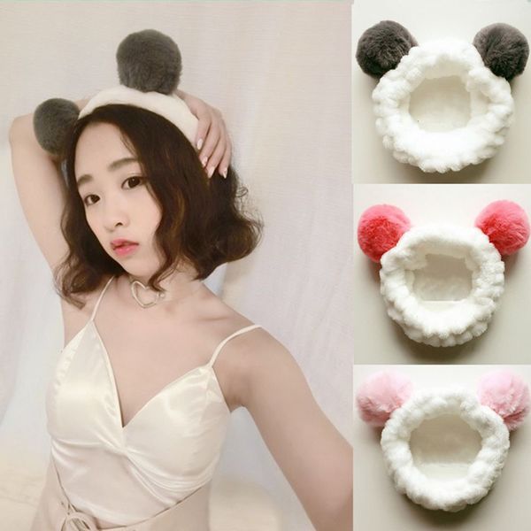 

women elastic fur ball hairband makeup beauty headband wash face hair band creative hair belt with lovely plush ball bear ear c19021601, Golden;white