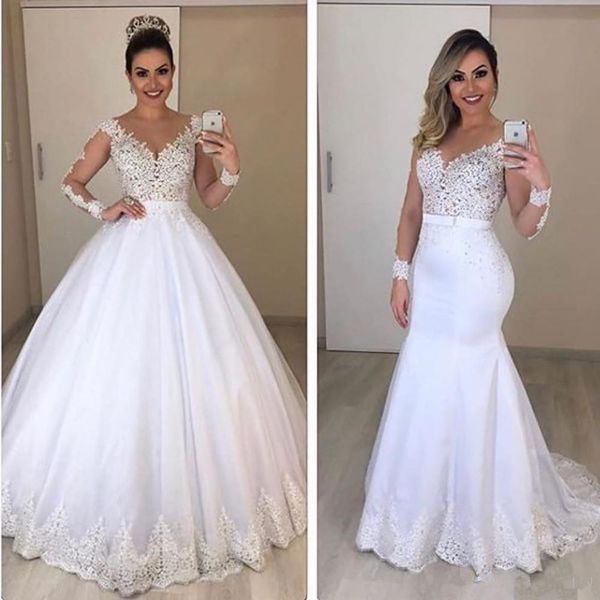 

2020 selling sheer long sleeves mermaid wedding dresses with detachable train lace applique vintage wedding bride gowns, White
