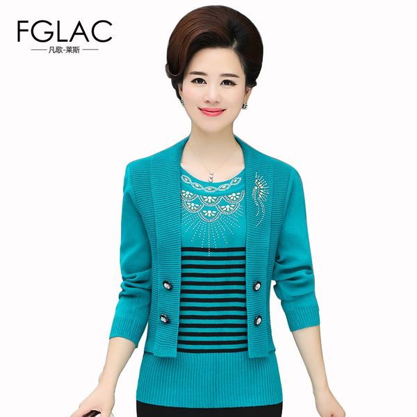 

fglac women sweaters new 2019 autumn knitted pullovers elegant slim fake two-piece mother clothes middle-aged sweaters, White;black
