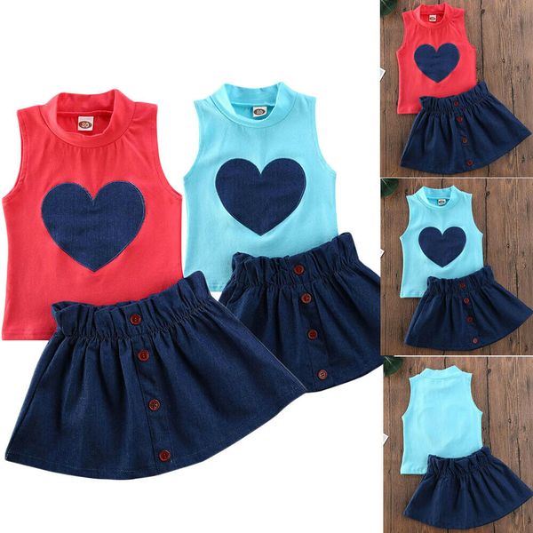 

2020 baby set summer clothing new fashion heart-shaped toddler girl sleeveless vest + short dress 2pcs outfits, White