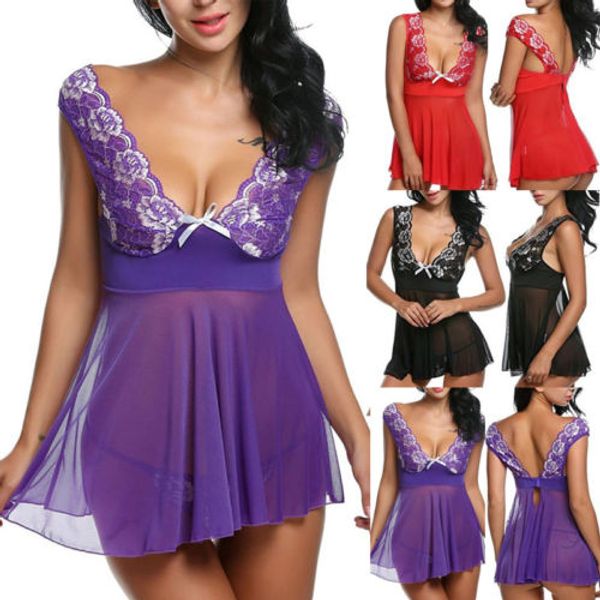 

2018 сексуальное женское белье пижамы цветок кружева женщины сетка платье нижнее белье babydoll пижамы, Black;white