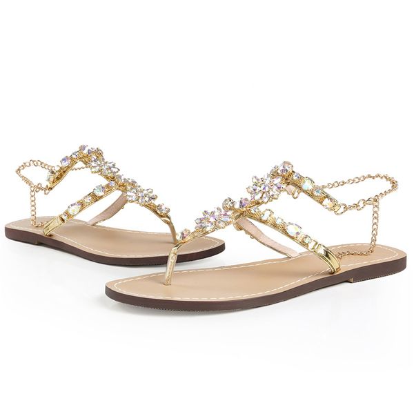 Heißer Verkauf-Bling Frau Sandalen Frauen Schuhe Strass Ketten Tanga Gladiator Flache Sandalen Kristall Chaussure Plus Größe 46 Tenis feminino