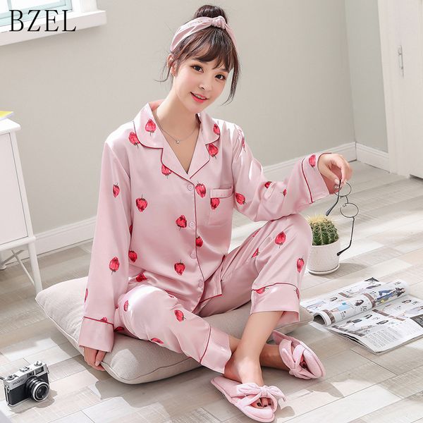 

bzel шелковый атлас пижамы наборы с длинным рукавом пижамы милый мультфильм клубника sleep lounge отложным воротником нижнее белье белье 2 ш, Blue;gray