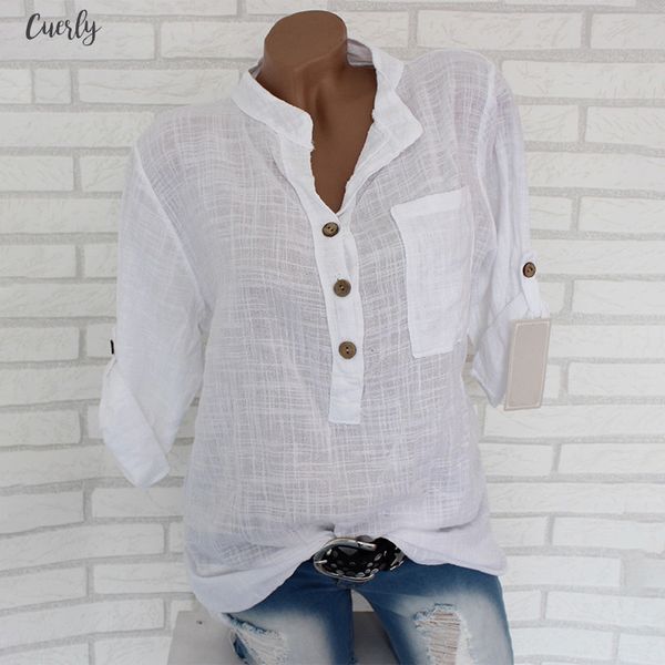 

womens cotton linen stand collar shirt blouse plus size regular 5xl white solid pocket womens shirts 2020 spring loose blouses female