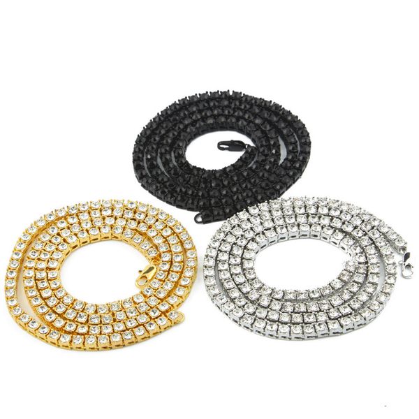 

mens black silver gold color iced out 1 row crystal tennis chain hiphop necklace bling clear zircon necklaces for women gm, Golden;silver