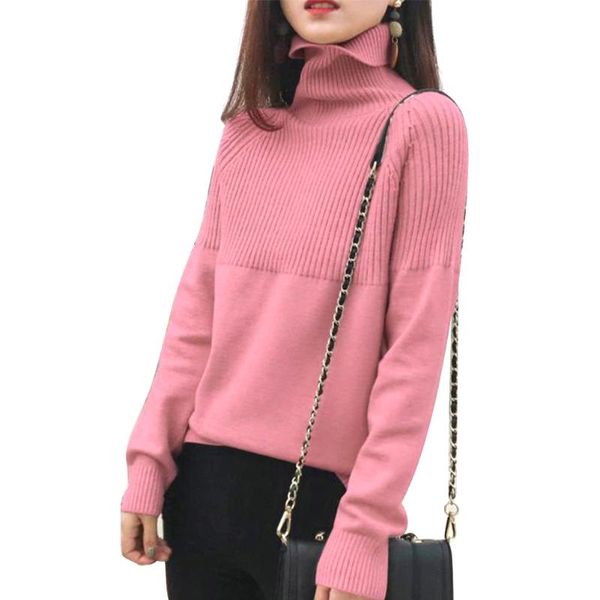 

пуловер мода повседневная твердые мягкие женщины свитер ребра сращивание длинные рукава свободные высокий воротник осень зима трикотажные ул, White;black