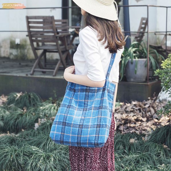 

women woolen shoulder bag plaid checked pattern fashion tartan cloth hangbag canvas tote cute reusable shopping bags for girls