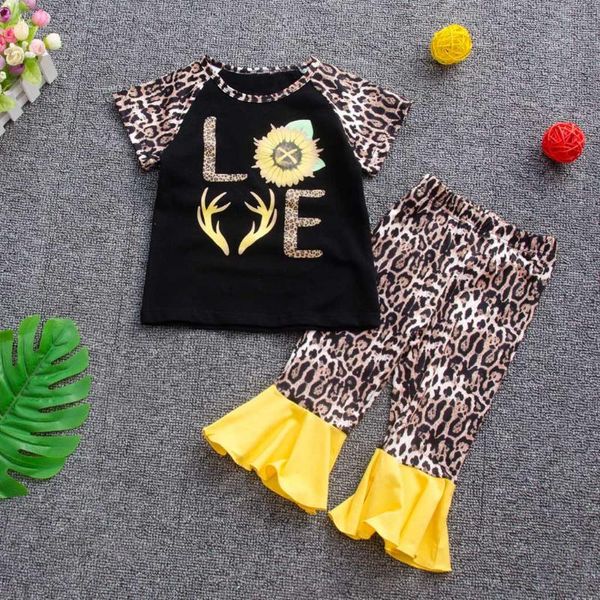 

малыш дети baby girls одежда наряды леопардовый принт подсолнечник письмо футболка брюки комплект одежды детская одежда девушки roupas infan, White