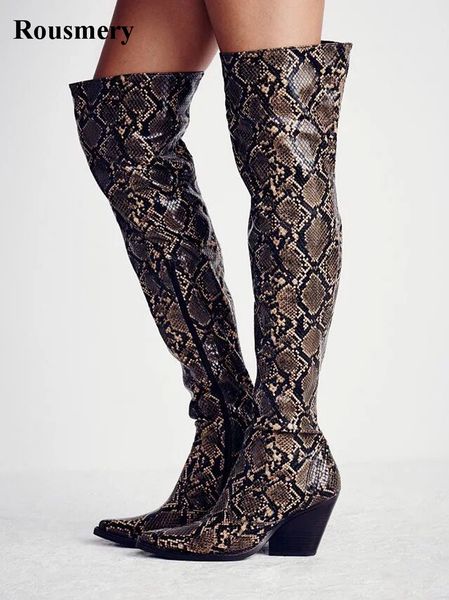 

new design women fashion pointed toe snake leather over knee thick heel knight boots western style cow-boy long boots, Black