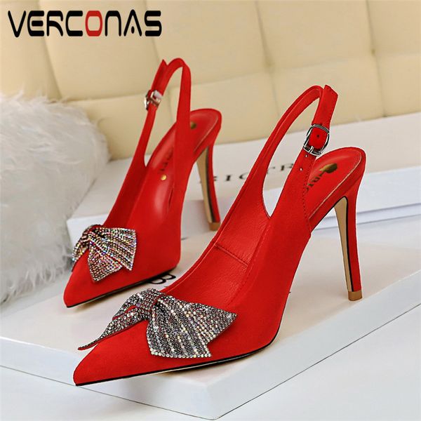 

verconas 2020 new arrival woman sandals woman pumps summer flock rhinestone butterfly knot pointed toe thin heels shoes, Black