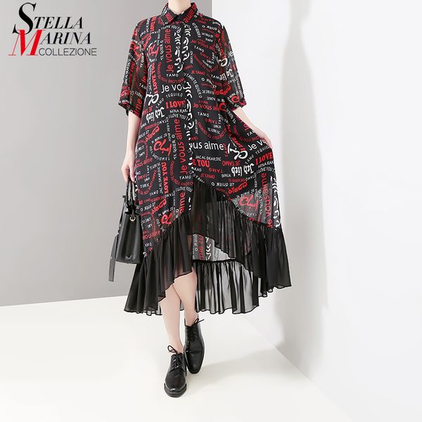 

New 2019 Women Summer Clothing Black Long Dress Half Sleeve Ruffles Hem Letter Printed Female Stylish Casual Dress Vestidos 4822