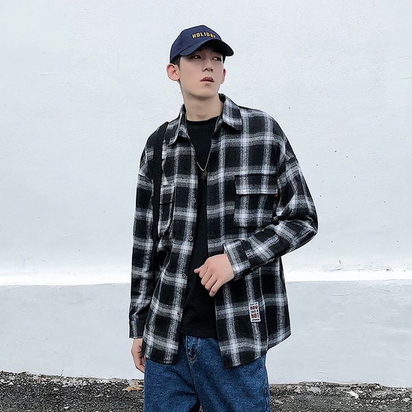 

2019 new fashion men's plaid shirt man, White;black