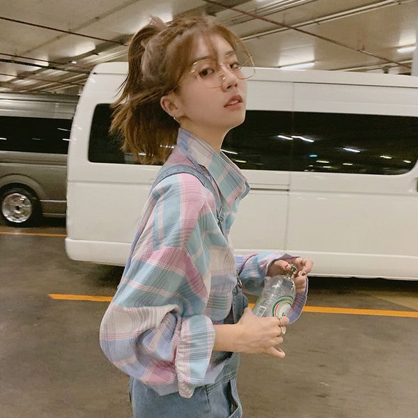 

plaid shirt woman sunscreen spring new teen blouse super fire sweet pink sunscreen long sleeve jacket plaid blouse shirt women l, White