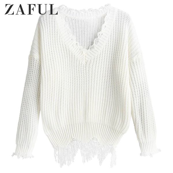 

zaful drop shoulder distressed sweater for women v-neck solid color lace up ripped tassel hem female autumn spring, White;black