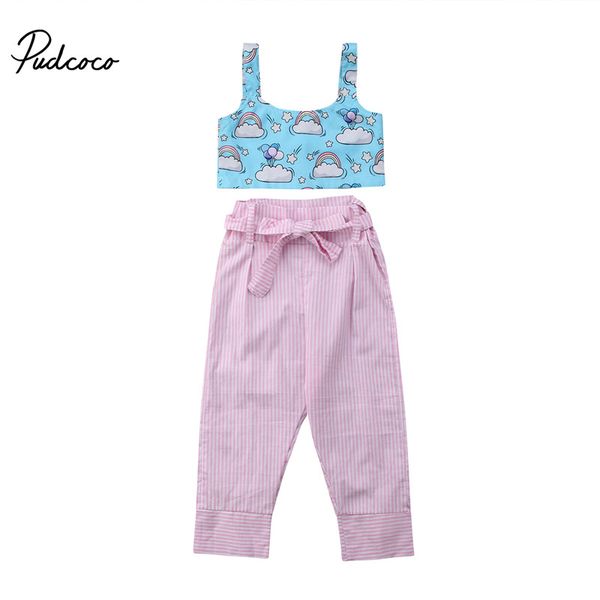 

girls clothing set 2018 new summer sleeveless toddler girls rainbow plaid pants girl suit kids children casual clothing sets, White