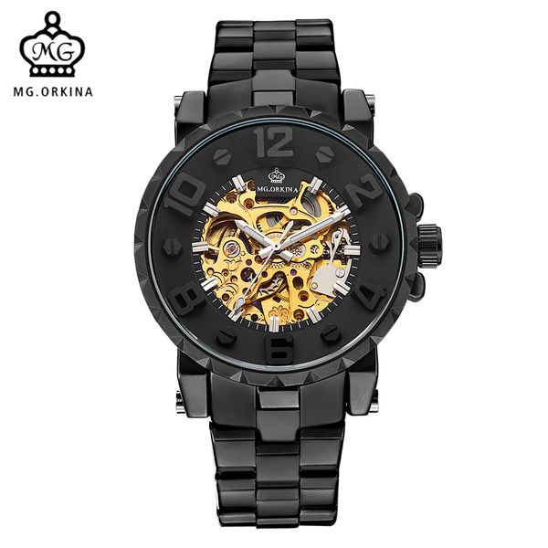 

mg. orkina men wristwatch golden skeleton clock mechanical male wrist watch black relogio masculino automatic zegarek meski y19051403, Slivery;brown