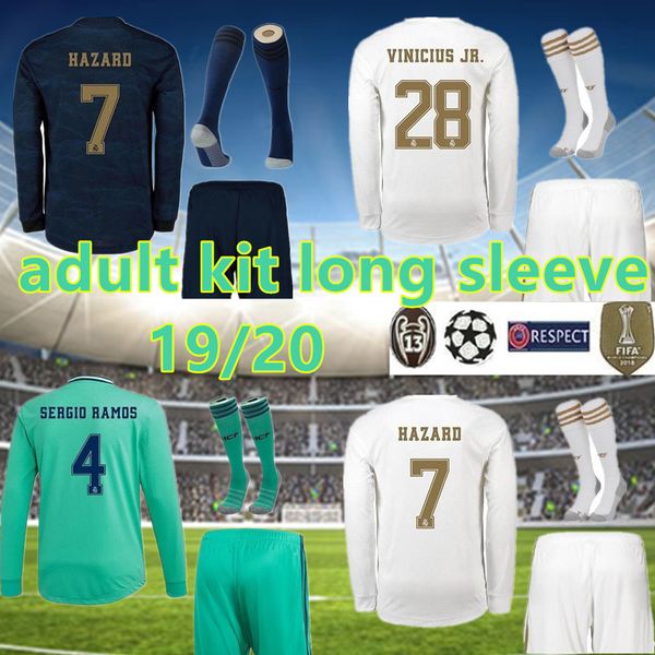 

2019 2020 real madrid full sleeve home soccer jerseys 19 20 hazard away kit long sleeve soccer shirts sergio ramos football uniforms, Black