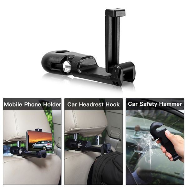 

multi-function car hook seat back hook with mobile phone bracket &safety hammer bag organizer auto fastener interior accessories