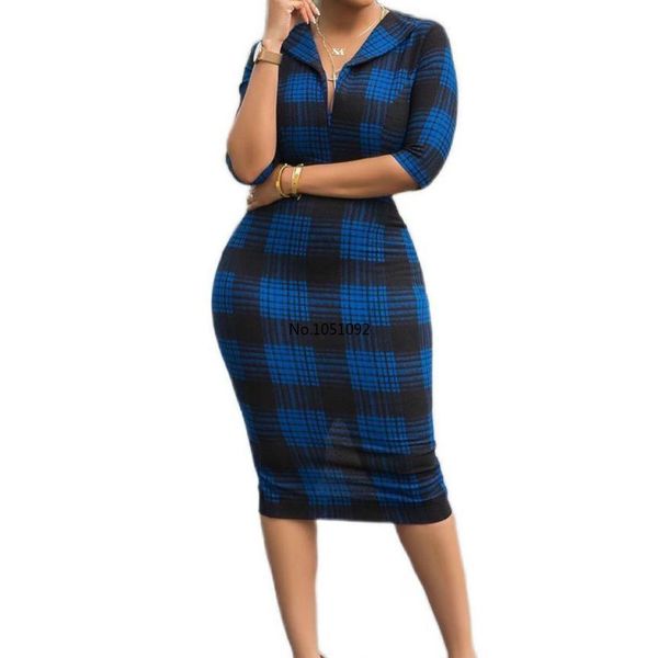 

2020 spring lady blue plaid mid dress half sleeve v-neck zipper sheath dress office lady fashion, White;black
