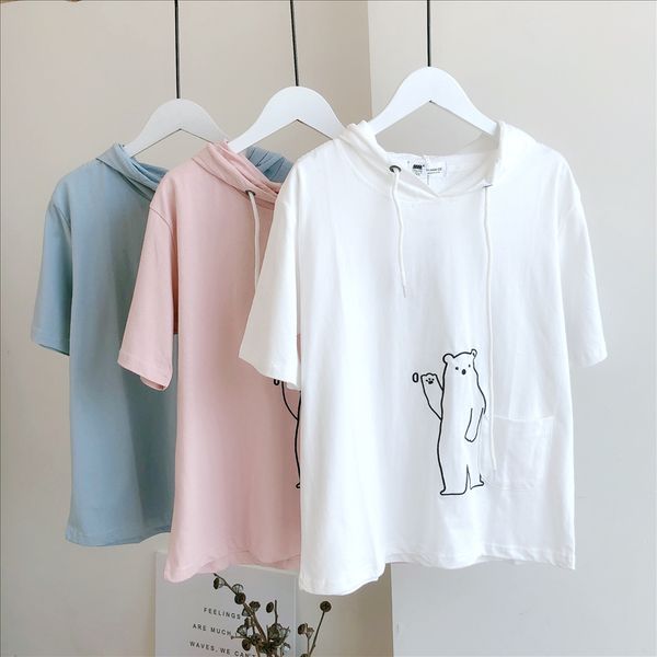 

women's hipster bear pocket cotton short sleeve women's hipster bear embroidery pocket cotton short t-shirt embroidery sleeve t-sh, White