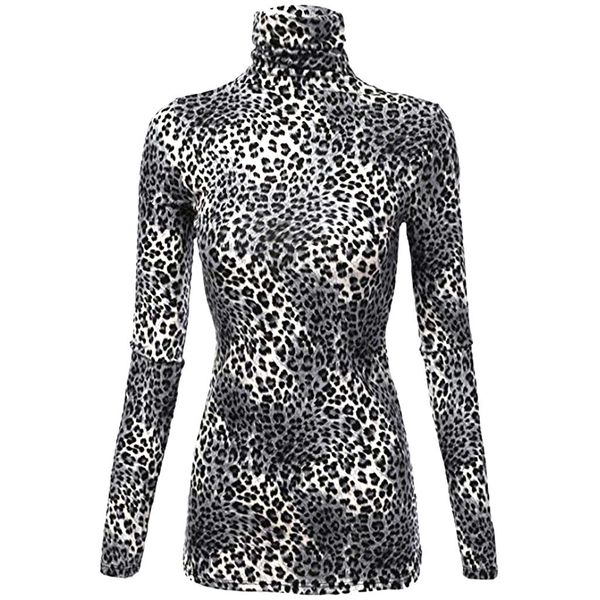 

autumn women's casual fashion turtleneck long sleeve leopard print slim fit shirt, White