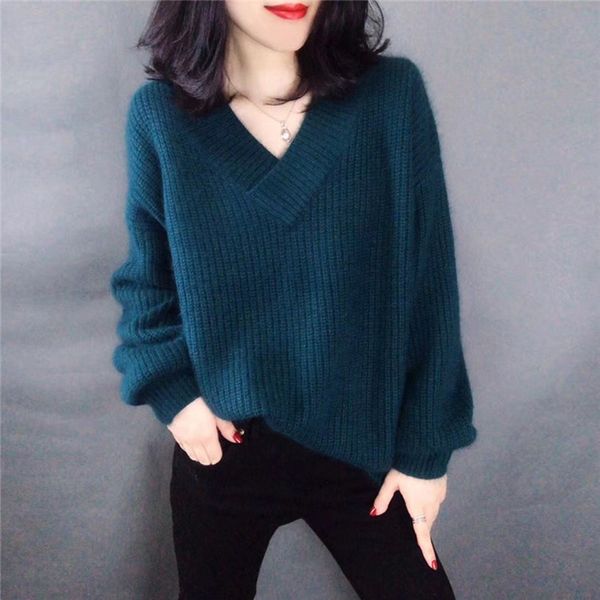 

women's solid color mohair thick sweater loose casual lantern sleeves pullover fashion v-neck long sleeve basic shirt, White;black