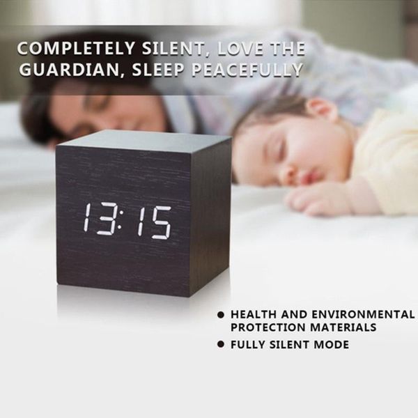 

modern digital led desk timer calendar wood clock sound control wood grain alarm clock home decoration