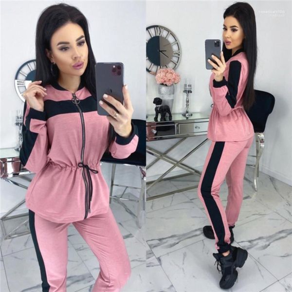 

contrast color long sleeve women two piece pants casual women clothing 2020 spring women belted tracksuits fashionable, White