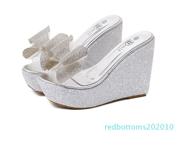 

серебро золото горного хрусталь лук прозрачного клина сандалия женщин лето платформа свадебных туфель с размером bowties 35-40 r10, Black