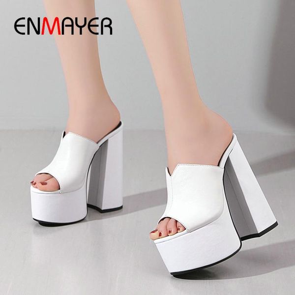 

enmayer 2020 genuine leather slides women solid summer outside women slippers platform super high square heel shoes woman 34-41, Black