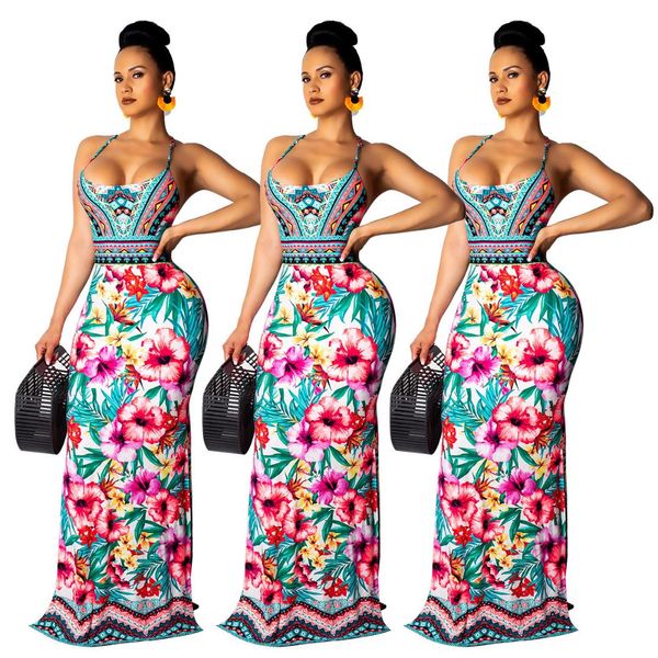 

new women bohemian floral print halter collar open back floor length maxi dress of split beach party club long dresses, Black;gray
