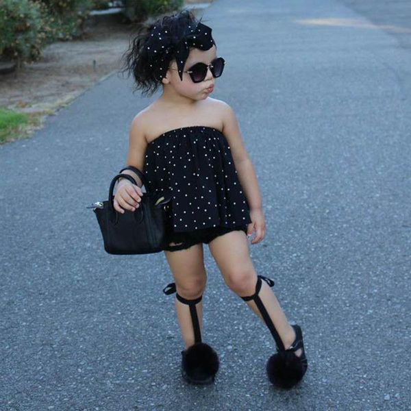 

new kids baby girls clothes sets summer black polka dot off shoudler + denim shorts + headdress lovely casual shorts suit, White